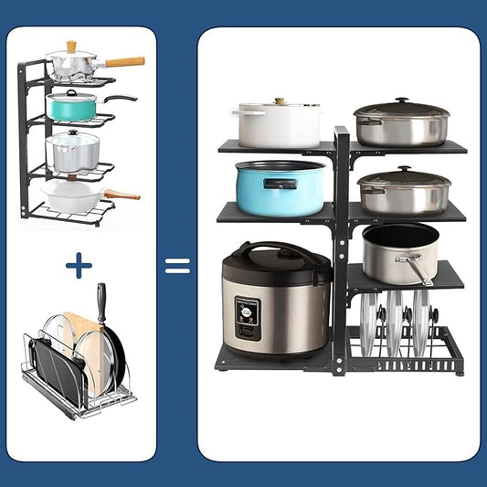 Pot Rack Organizers:CASONNIK 6+1-Tier Adjustable Heavy Duty Pan Organizer for Cabinet ,Multiple Use Modes,Pot Rack & Pan Rack for Kitchen Counter and Cabinet