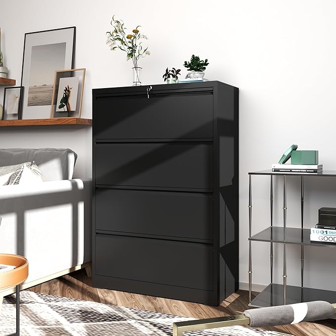 4 Drawer File Cabinets,Metal Office Storage Filing Cabinet with Lock,Black Lateral Filing Cabinet for Home Office,Horizontal Locking File Cabinet for Legal/Letter/A4,Assembly Require,Black