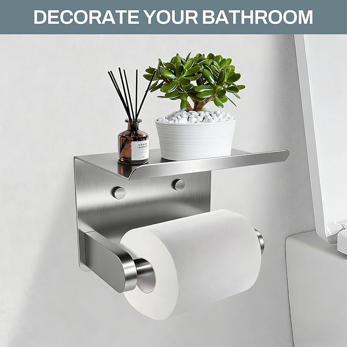 SetSail Toilet Paper Holder with Shelf Adhesive or Screw-in Bathroom Toilet Paper Roll Holders Wall Mount Heavy-Duty Brushed Nickel Tissue Holder for Bathroom Hardware Accessories