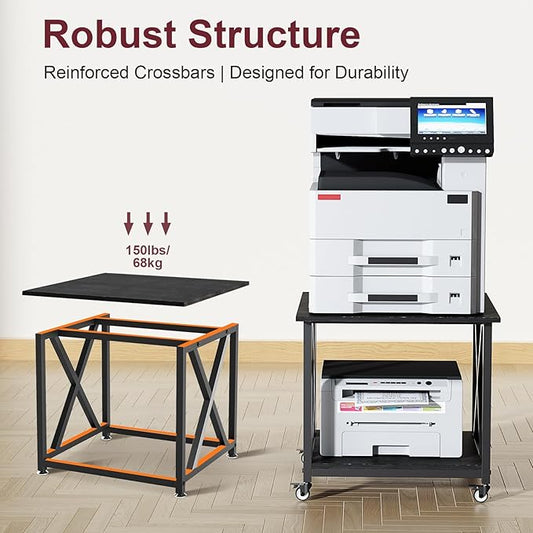 2 Tier Large Printer Stand, 23.6 x 23.6 Inches Printer Table with Storage Shelf, Rolling Printer Cart with Industrial Wheels for Home Office (Black)