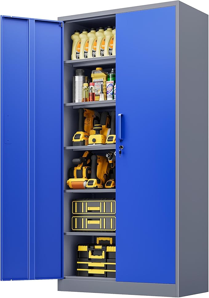 Metal Garage Storage Cabinet,Steel Storage Cabinet with Doors and Adjustbale Shelves,Lockable Tool Cabinet for Garage,Basement,Home Office,School