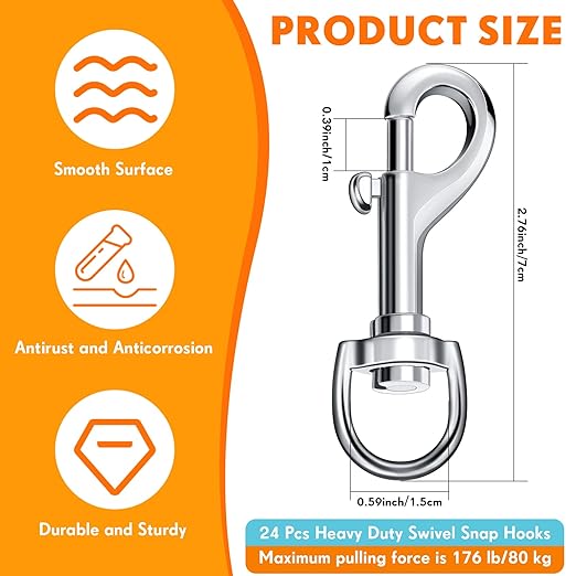 Therwen 24 Pcs Swivel Snap Hooks for Dog Leash Heavy Duty 2.76 Inch Flag Clasp Single Ended Clip Hooks Multipurpose Bolt Snap for Keychain Camera Strap Linking Pet Leash(Classic Style,0.59")