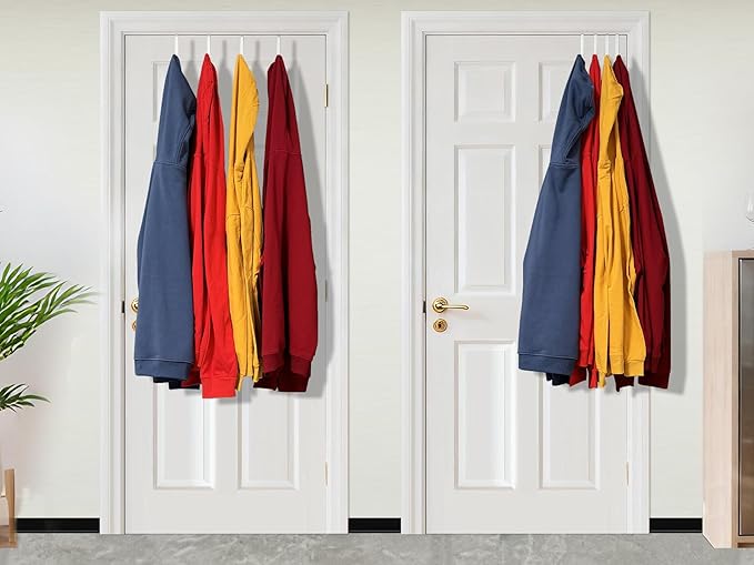 Over the Door Metal Hooks with Plastic Coating 5.5" Fit 0.5" to 1 3/8" Door 6 Pcs Heavy Duty Single Towel Robe Rack Wreath Bathroom Shower Hanger Shoe Organizer Ironing Board Short White