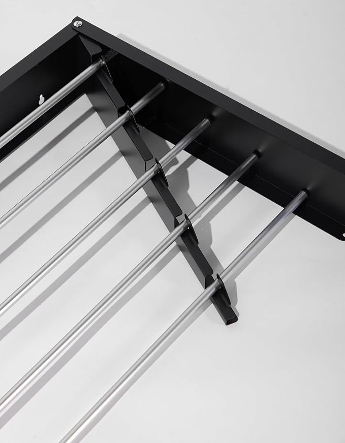 Wall Mounted Clothes Drying Rack, 32" Space Saving Foldable Laundry Drying Rack with Wall Template for Bathroom, Apartment, College Dorm (Black 5 Rods)