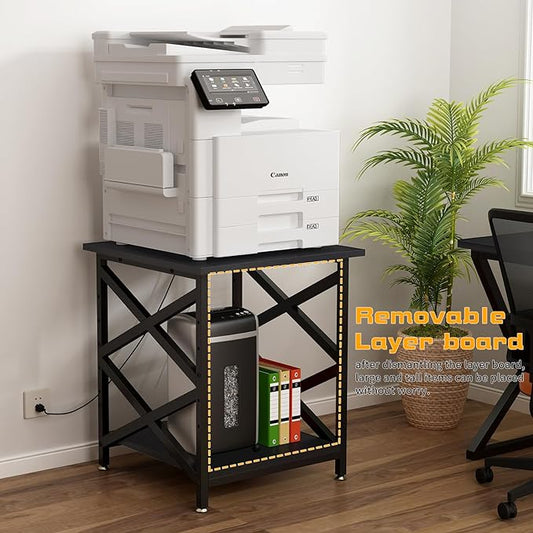 Large Printer Stand with Power Outlet, with Height Adjustable Storage Shelf, 3 Tier Rolling Printer Cart with Industrial Wheels, 23.6 x 23.6 Inches Printer Table for Home Office,Black