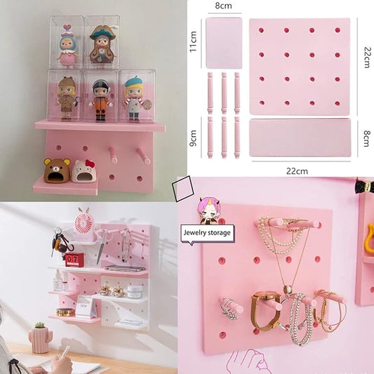 HGYZE Peg Boards for Wall with Shelf & Hooks, No Punching Craft Storage, Small Pegboard Ledges Organizer for Hanging Keychains, 4 Pack Decorative Wall Panel Kits for Blindboxes Lightweight Dolls, Pink