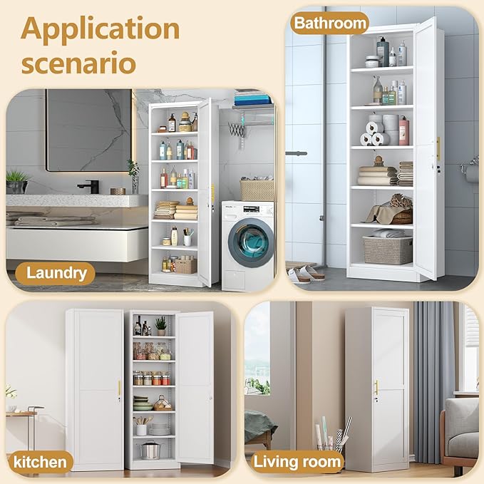 Metal Storage Cabinet with Lock and 5 Adjustable Shelves, Steel File Cabinets, Kitchen Pantry Cabinet Locker Organizer - 67" Tall Storage Cabinets for Kitchen,Bathroom,Bedroom,Office,White