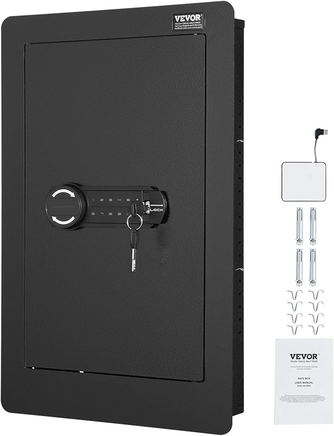 VEVOR 25.59" High Concealed Wall Safe, Keypad Access 3-Level Security Safe, Includes 3 Adjustable Shelves & 6 Hooks, Made of Durable Q235 Steel, Features LED Lighting & Alert System for Valuables