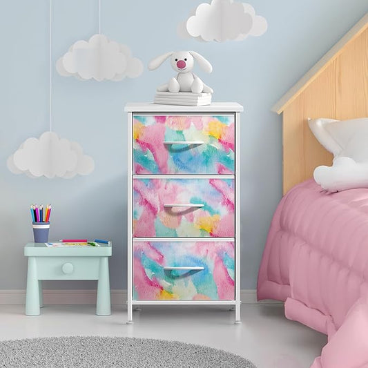 Sorbus Nightstand with 3 Drawers - Bedside Furniture & Accent End Table Chest for Home, Bedroom Accessories, Office, College Dorm, Steel Frame, Wood Top, Pastel Fabric Bins