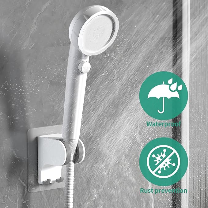Hand Held Shower Head Holder Wall Mount, Shower Hose Holder Adhesive with 2 Hanger Hooks, Adjustable Shower Handle Holder, No Drilling Shower Wand Holder (White, 1 Pack)