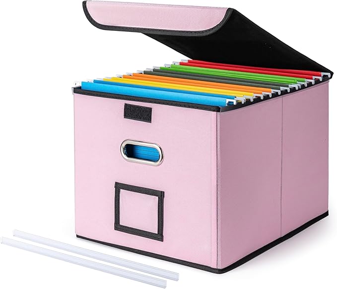 CADONO File Organizer Box with Lid, Large Hanging File Folder Organizer with Plastic Slide, Collapsible Portable Filing Storage Boxes for Office/Decor/Home (Pink, 14.9 x 12.59 x 10.8 inch, 2-Pack)