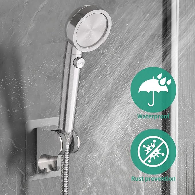 Hand Held Shower Head Holder Wall Mount, Shower Hose Holder Adhesive with 2 Hanger Hooks, Adjustable Shower Handle Holder, No Drilling Shower Wand Holder (Brushed Nickel, 1 Pack)
