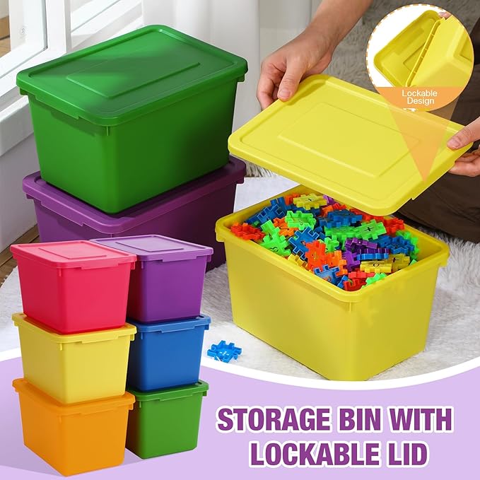 6 Pack Cute Plastic Storage Bins with Lids Decorative Stackable Storage Boxes 9.8" ×7.3" ×5.7" Small Storing Totes for Organizing Craft Office Supplies (Colorful)