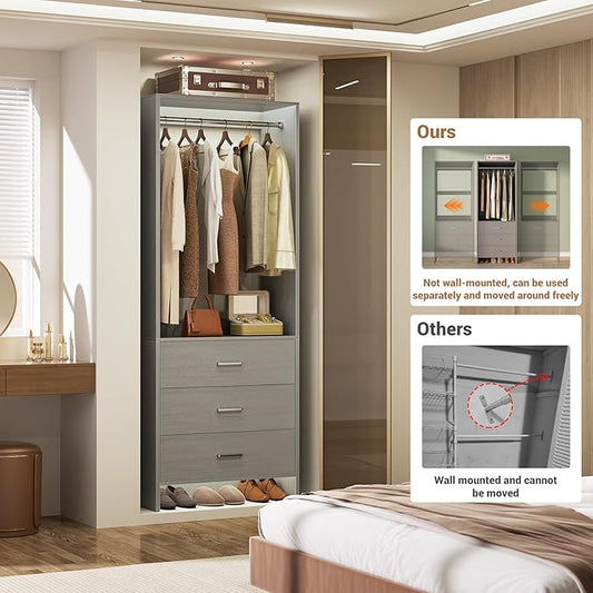 Aheaplus 2FT Closet System with 3 Drawers, 24’’ Closet Organizer, Wood Closet Organizer System, Walk-in Closet or Small Closets Wardrobe, Clothes Rack with Hanging Rods,-E6, Grey