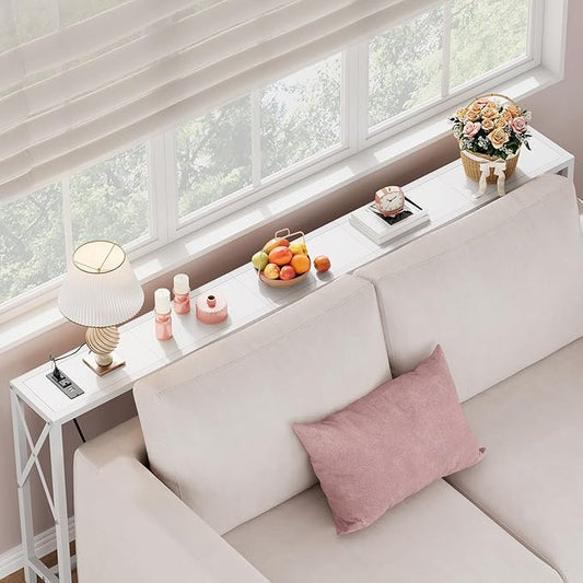 70 in Skinny Sofa Table Behind Couch, Console Table with Oulets & USB Ports for Hallway, Entryway,Living Room, Bedroom, White