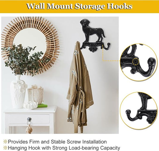 OwnMy Cast Iron Decorative Wall Coat Hook Cute Dog Hook, Vintage Dog Leashes Holder Key Holder for Walls, Heavy Duty Indoor Outdoor Double Wall Hooks for Hanging Towels, Hats, Potted Plants, Tools