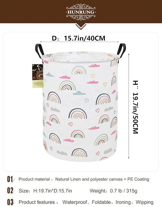HUNRUNG Laundry Hamper,Large Canvas Fabric Lightweight Storage Basket Toy Organizer Dirty Clothes Collapsible Waterproof for College Dorms(Round-Rainbow)