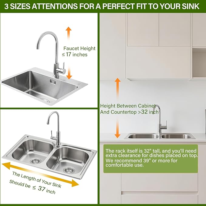Over The Sink Dish Drainer Drying Rack 3 Tier, Full Stainless Steel Dish Drying Rack Adjustable Length 20.9''-37.4'', Kitchen Sink Shelf, Organized Space-Saving Dish Rack