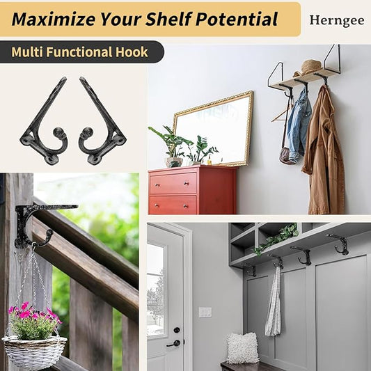 Cast Iron Shelf Brackets 4 Inch, 4 Pack Black Rustic Shelf Brackets with Hooks,Heavy Duty Floating Brackets Wall Mounted, Decorative Brackets for Wood Shelves