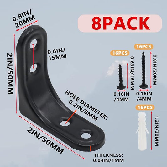 8pcs 2 Inch L Brackets, Heavy Duty Wall Mount Black L Corner Brackets Braces for Wood, Shelves, Cabinets, 90 Degree Triangle Shelf Support with Screws, Small Right Angle Bracket