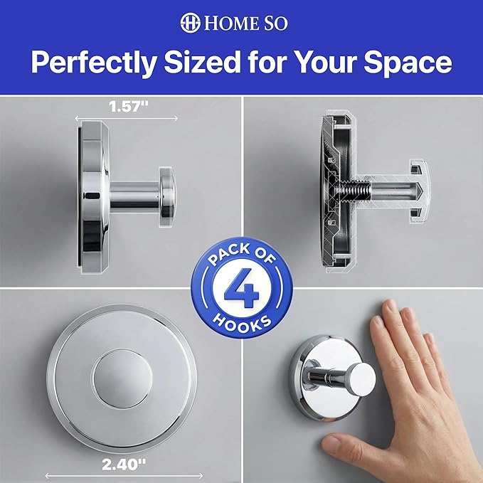 HOME SO Suction Cup Hooks for Shower & Bathroom Towel Holder 4-Pack – Suction Cups Hooks for Hanging Towels, Robes, & Coats - Tiles, Glass Door or Mirror – Shower Hooks & Towel Hooks Organizer -Chrome
