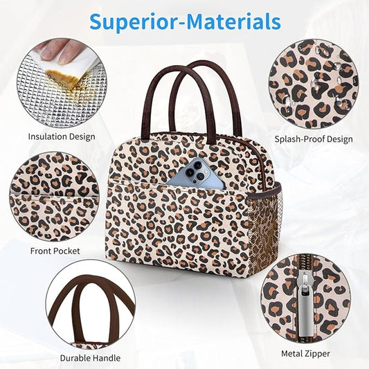 DALINDA Lunch Bag Women,Lunch Box Adult for Women Men Reusable Insulated Lunch Tote Bag,Leakproof Food Handbags Case High Capacity for Travel Work Picnic Beach,Leopard