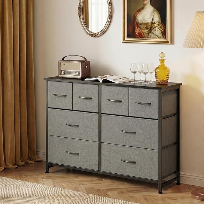 DUMOS TV Stand, Dresser with 8 Fabric Drawers, Spacious Storage Tower for Closet, TV Stand with Wood Top and Mental Frame, Storage Unit for Living Rooms, Bedroom and Entryway, Grey