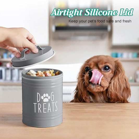 Small Dog Treat Container Airtight - 6" Tall X 4.9" Round Gray Dog Treat Jar for Kitchen Counter - Rustic Treat Storage Canister for Dogs, Cats, Small Animals - Gifts for Pet Owners