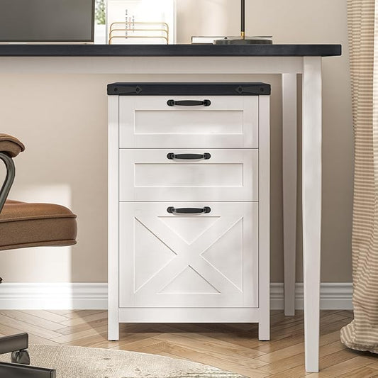 3 Drawer Small File Cabinet, Farmhouse Vertical Filing Cabinet Fits Letter and A4 Size, Under Desk Wooden File Cabinets for Home Office, Printer Stand, White and Black
