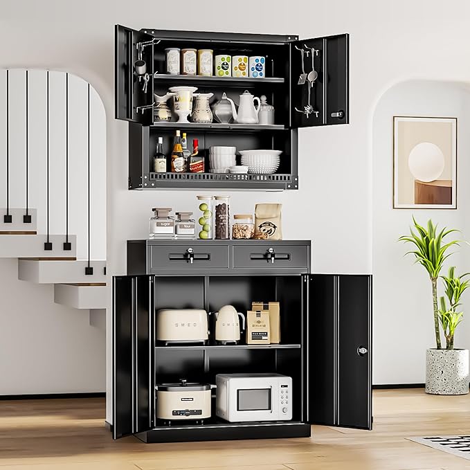 INTERGREAT Metal Storage Cabinet with 2 Drawers, 36" H Metal Cabinets with Doors and Shelves, Garage Cabinet with Lock for Home Office, Garage, School, Apartment,Warehouse,Black