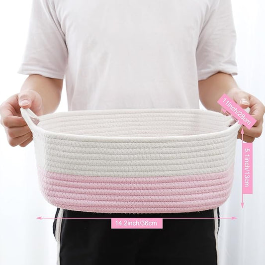 ABenkle Small Storage Basket with Handles, Cotton Rope Woven Dog Cat Toy Bin, Decorative Shelves Closet Organizing for Nursery Laundry Bedroom Bathroom, 14.2''x 11''x 5.1''