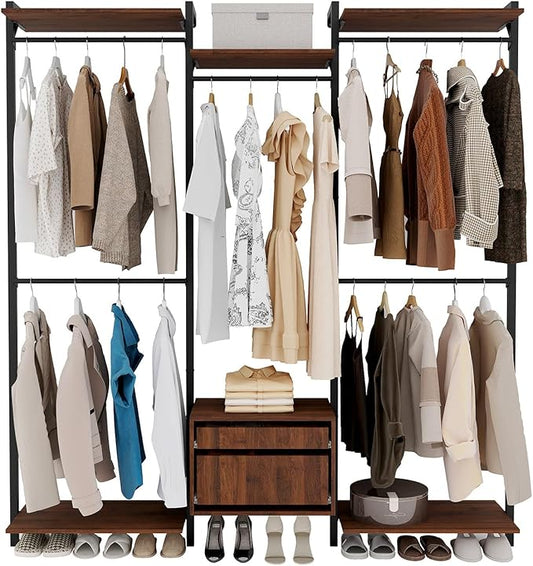 Wall-Mounted Steel & Wood Closet Organizer System with 4 Adjustable Shelves, 5 Hanging Rods, and 2 Drawers – Modern Open Wardrobe, Walnut