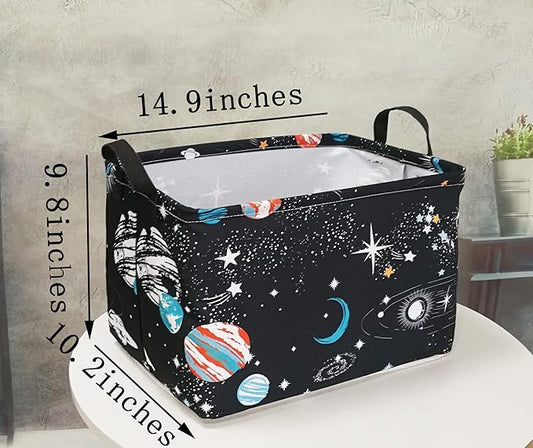 Rectangle Gift Storage Basket Home Shelf Storage Basket Organizer Box Clothes Laundry Hamper Nursery Basket Laundry Basket with Handles (Black Planet)