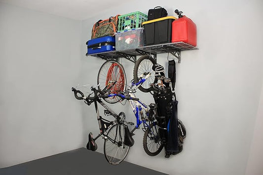 MonsterRax | Garage Wall Shelf Two-Pack White or Hammertone | Three Size Options | Includes Bike Hooks | 500lb Weight Capacity (Hammertone, 24"x48")
