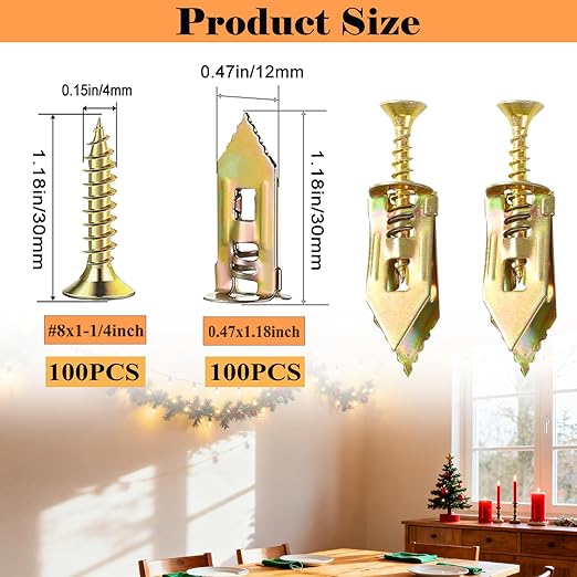 200 Pcs Self Drilling Drywall Anchors with Screws,100 Sheetrock Anchors (0.47x1.18 Inch) & 100 Zinc Expansion Screws,2026 Upgraded Zinc Plated Steel,No Drill Needed,Perfect for Wall Hanging