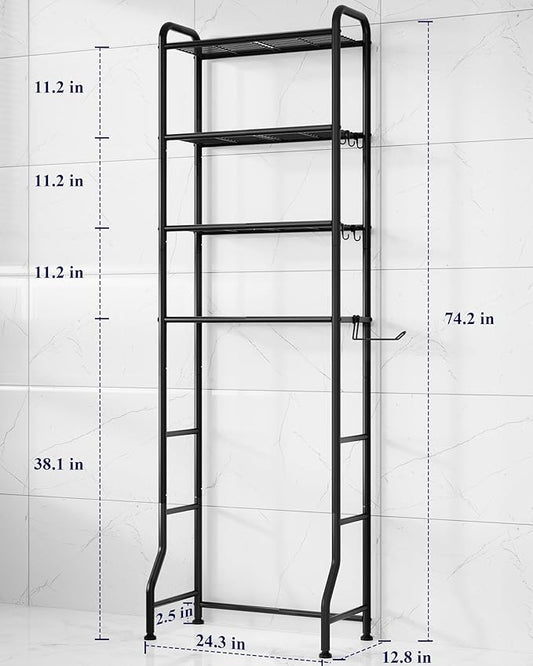 Kitsure Over Toilet Storage Rack - Metal Over Toilet Bathroom Organizer Shelf, Over The Toilet Storage Cabinet with Paper Holder and Hooks, Bathroom Cabinet for Laundry, Black, 4 Tiers (74.2" H)