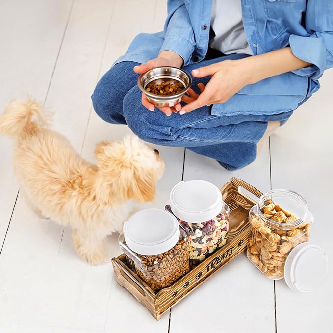 Dog Treats Container with 3 Plastic Jars, Dog Food Storage Canister with Wooden Stand, Airtight Pet Treat Holder for Dogs and Cats, Dog Snacks Treat Organizer with Scoop for Kitchen Counter