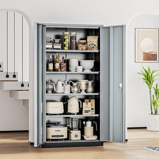 Bonusall Garage Cabinet with Lock, 2 Doors Metal Tool Cabinets with 4 Adjustable Shelves, Lockable Steel Cabinet for Home Office, Warehouse,School(Black Grey)