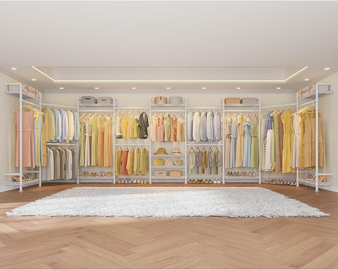 Timate U4 U Shape Garment Rack Heavy Duty for Hanging Clothes, Expandable Industrial Pipe Clothing Rack Wall Mount, Extra Large Walk in Closet System With White Kit
