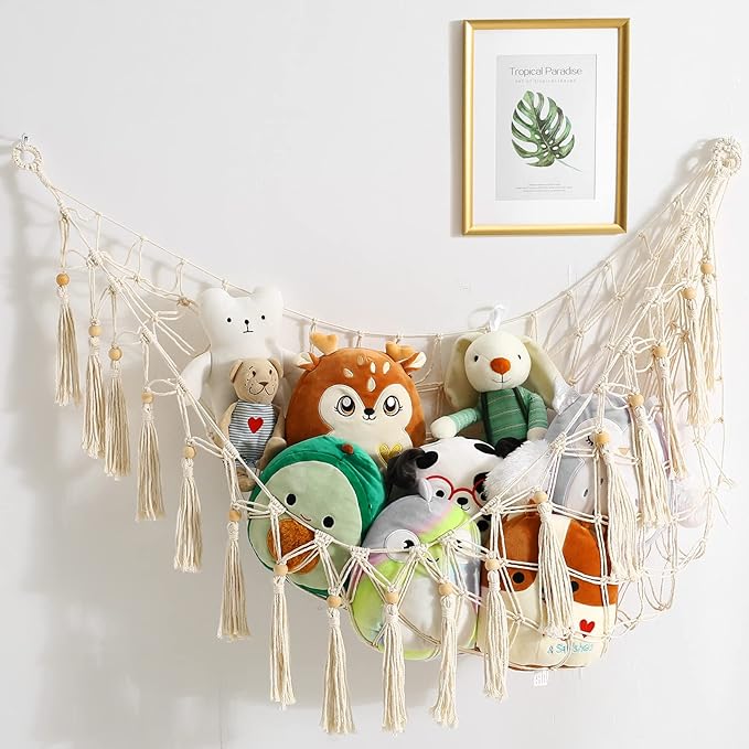 Stuffed Animal Storage Macrame Boho Plush Toy Net Hammock for Stuffed Animals with Light Pet Net for Stuffed Animals Corner Hanging Stuffed Animal Holder Teddy Bear Net for Kids Room (White-1)