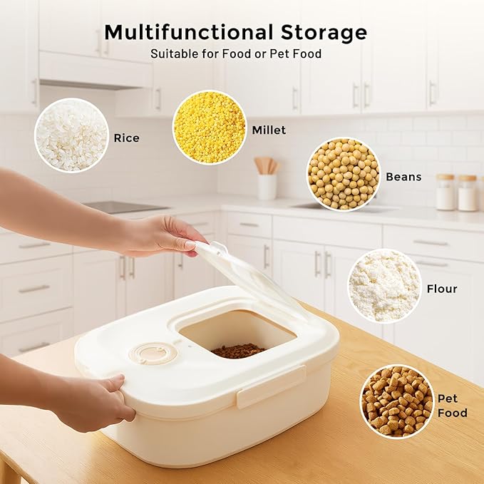 40-50lbs Dog Food Storage Container, Large Capacity Collapsible Airtight Pet Food Storage Containers with Rolling Wheels, Transparent Lid, Scoop and Date Track, Khaki