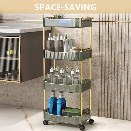 4-Tier Acrylic Rolling Storage Cart, Rolling Utility Cart, Kitchen Cart with Wheels for Bathroom,Living Room, Kithcen, Office Storage and Organization (14''X10''X37'')(Green)