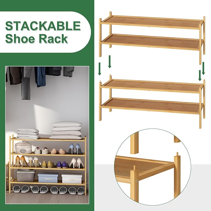 Long Shoe Rack, 2-Tier Bamboo Wood Shoe Rack, Stackable for Closet, Entryway & Hallway