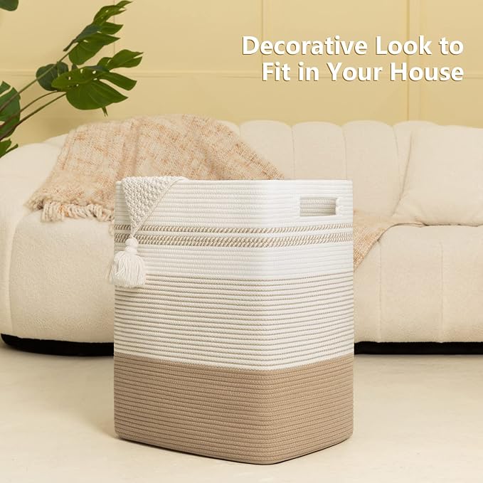Laundry Basket, Large Woven Rope Tall Laundry Basket with Handles, Decorative Storage Basket for Clothes and Blankets in Living room, Bedroom