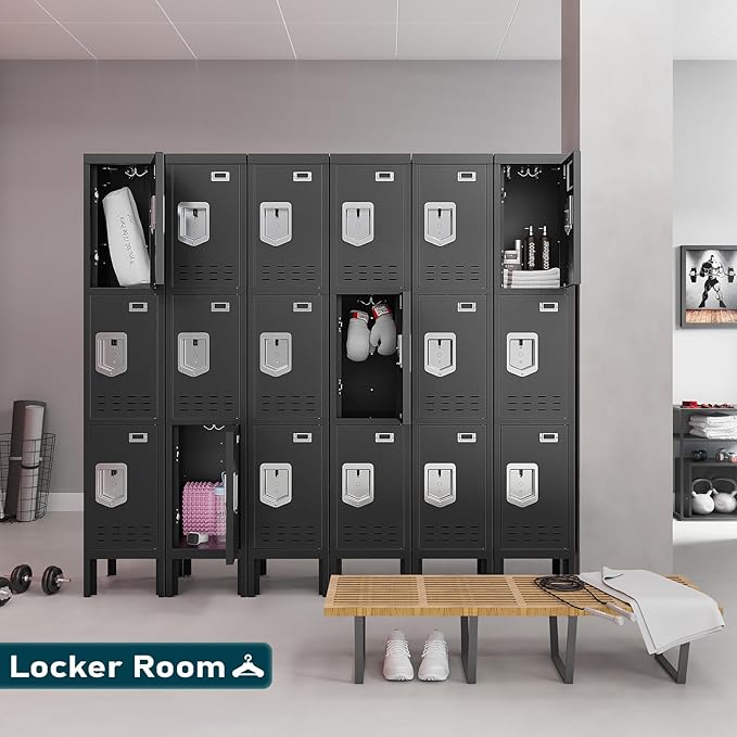 Metal Storage Locker with Lock & Card Slot Locker - Secure Lockable Door - Steel Locker for School, Office, Gym, Home - 66.15" H x 11.8" W x 11.8" D(3 Door, Black)
