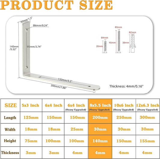 Alise Floating Shelf Brackets,L Brackets for Shelves Heavy Duty Wall Bracket Corner Brace,Stainless Steel Joint Angle Bracket for Wooden Board Support,Brushed,8x5-3/5 Inch(Upgraded,Pack of 4)