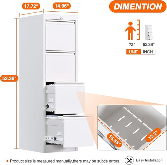 Metal Vertical File Cabinet with Lock,File Cabinet with 4 Drawer for Letter,Legal,F4,A4,14.96" W x 17.72" D x 52.36" H, Assembly Required,White