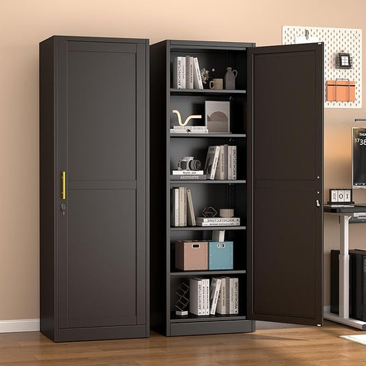 67" Metal Storage Cabinet with Lock, Tall Narrow Office File Cabinets with 5 Adjustable Shelves, Metal Steel Locker for Home, School, Office, Garage or Gym (Black)