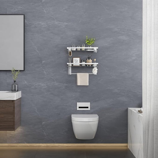 VOLPONE Glass Shelf for Bathroom 15.7 in Bathroom Shelves with Towel Bar Tempered Glass Shelves with 4 Removable Hooks for Wall(2 Tier)