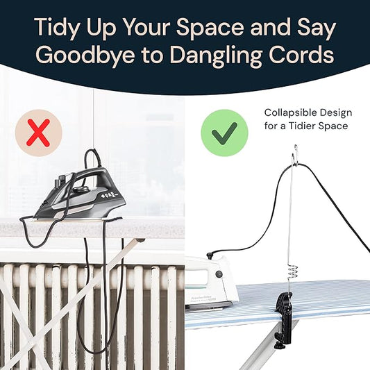 Flexible Iron Cord Holder - Metal, Tabletop Mount - Tangle-Free Pressing & Ironing Board Cord Holder - Universal Fit & Steam Compatibility